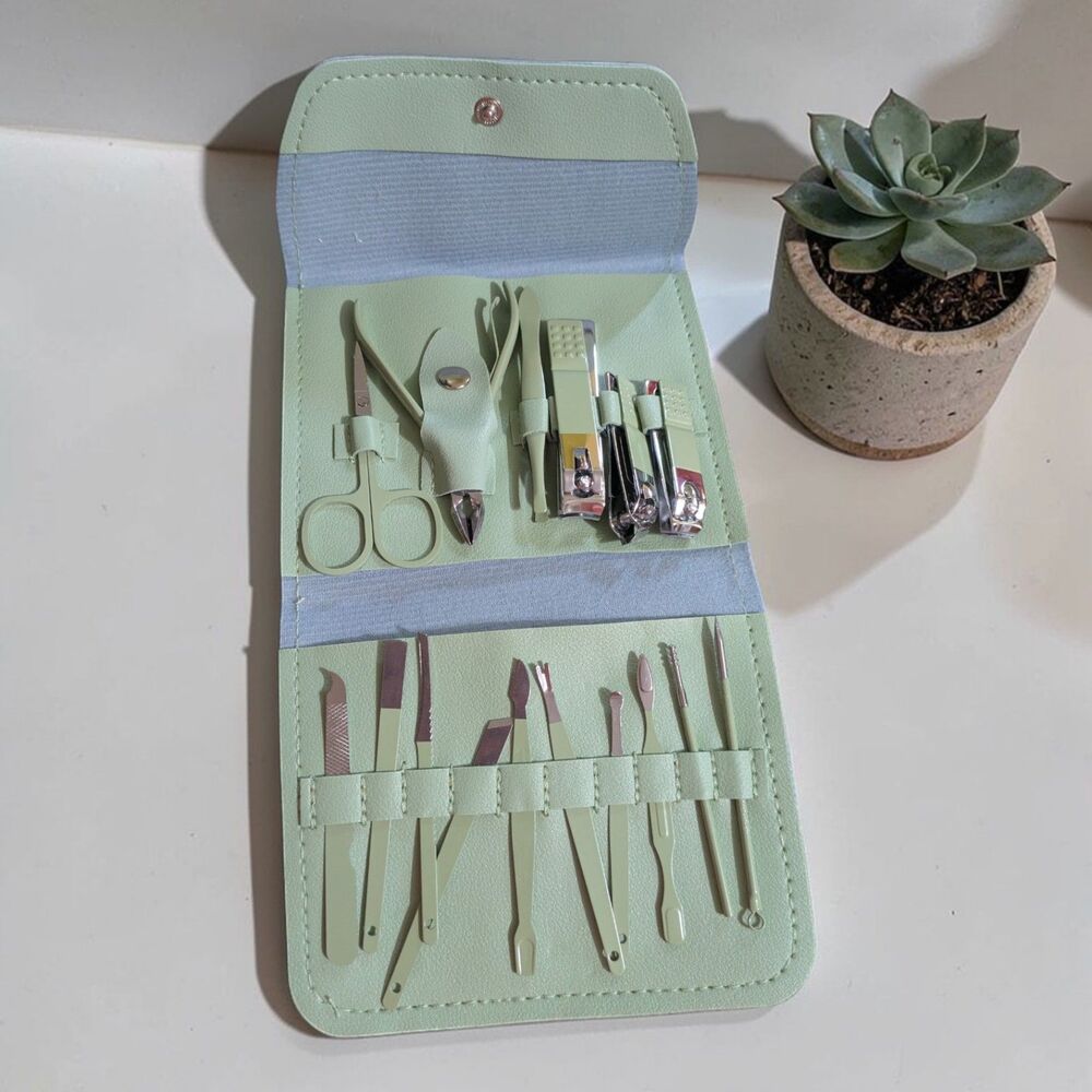 Mint Green Manicure Pedicure Set Travel Nail Kit Compact Grooming Case